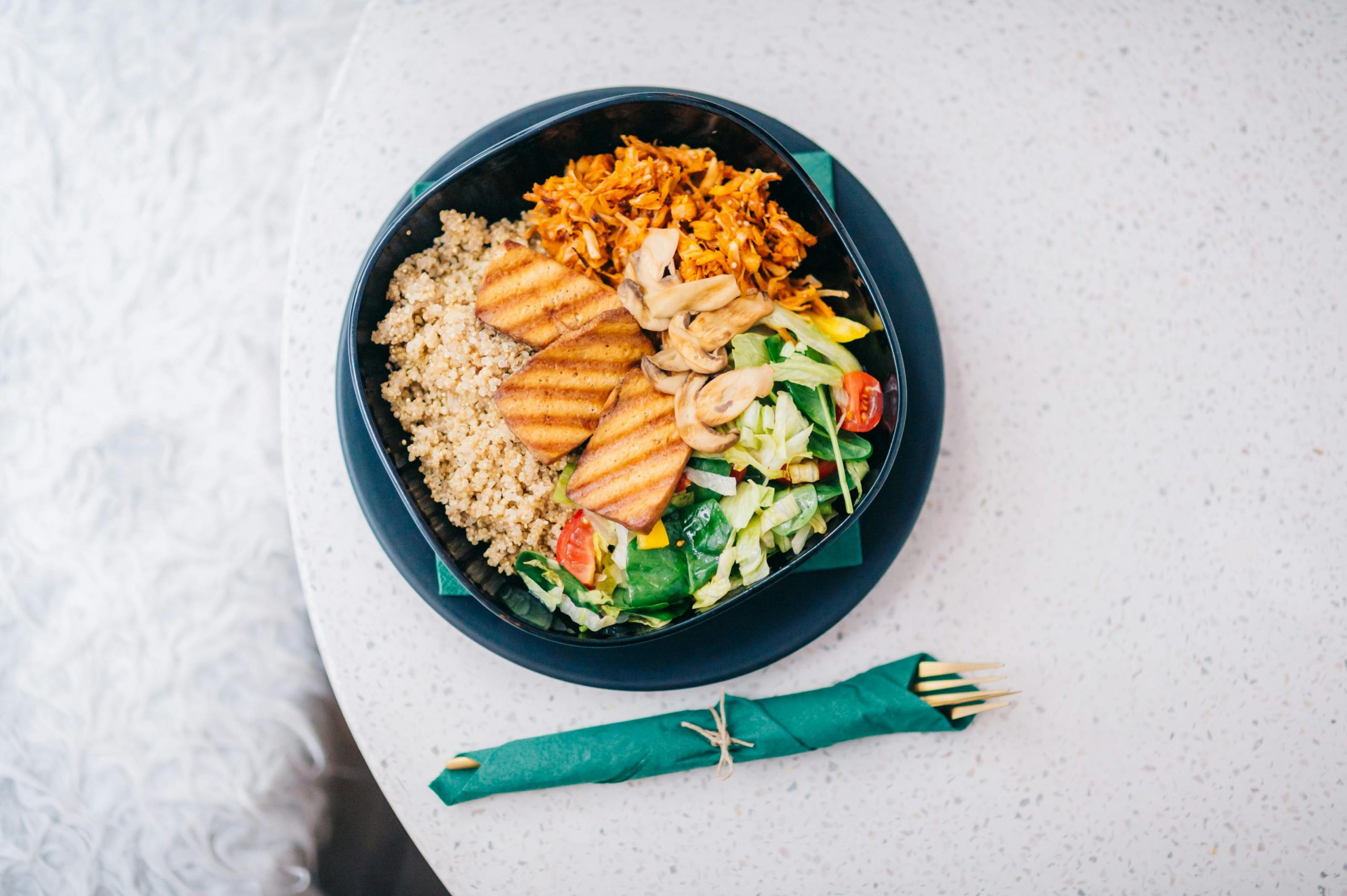 bowl of tofu salad with quinoa
